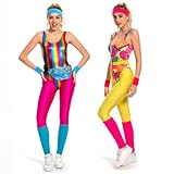 YANVS 80er Jahre Fitness Kostüm Damen 6 Stück Set Bunt Jumpsuit Vintage...