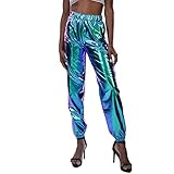 Damen Metallic Hose Glänzend Wetlook Cargohose Sporthose 80er Jahre...