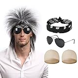 Aomig Vokuhila Perücke Schwarz, 5 Stück Punk Gothic Rocker Kit mit...