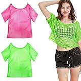 2 Stück Netzshirt Damen 80er Jahre Outfit Damen Pinkes Netzoberteil Damen...