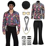 Ginkago 70er Jahre Disco Kostüm Set, 8PCS Hippie Herren Outfit mit Glitzer...